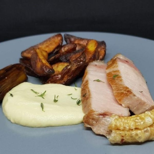 Sous vide chops with root vegetable puree and potatoes