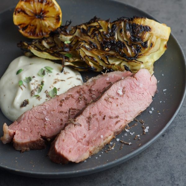 Grilled Iberico Presa with puree and pointed cabbage