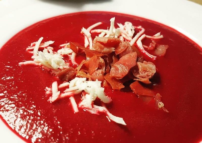 Beetroot Soup with Horseradish and Serrano Ham