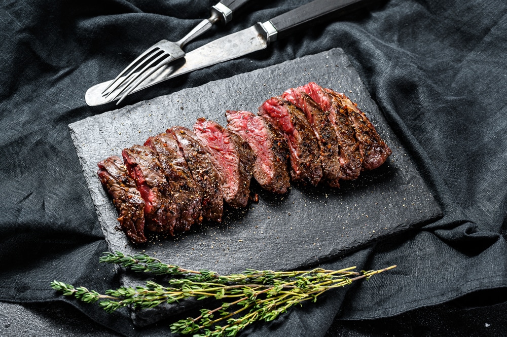 Grilled,Roasting,Rare,Sliced,Skirt,,Machete,Steak.,Marble,Meat,Beef.