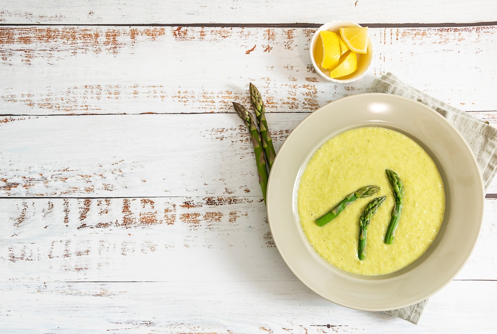 Delicious,Homemade,Cream,Soup,With,Asparagus,,Cheese,,And,Lemon.,Top