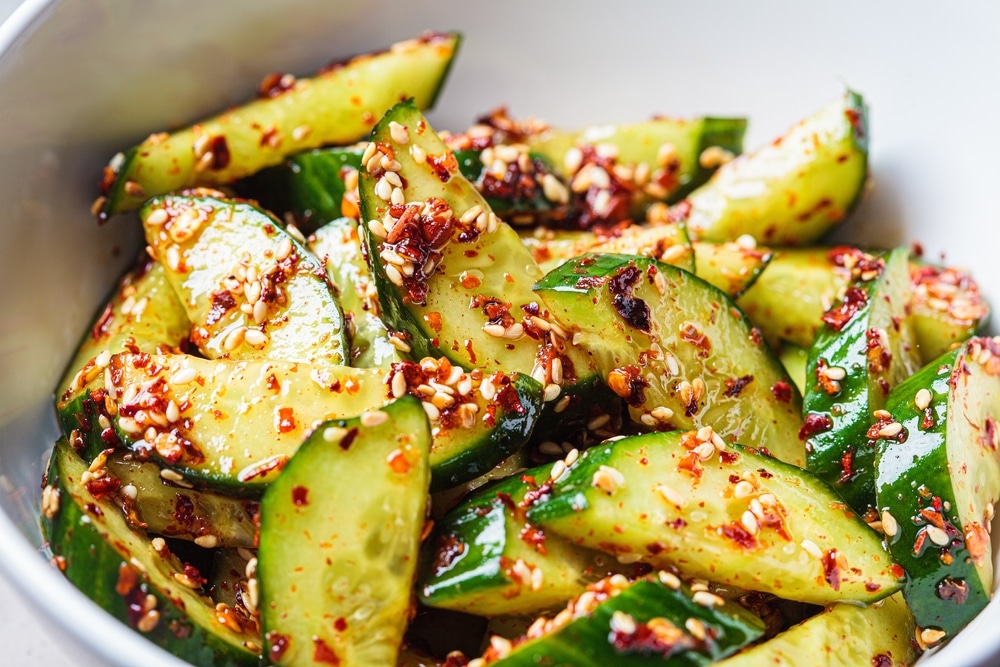 Chinese,Smashed,Cucumber,Salad,With,Chili,Peppers,And,Sesame,Seeds,