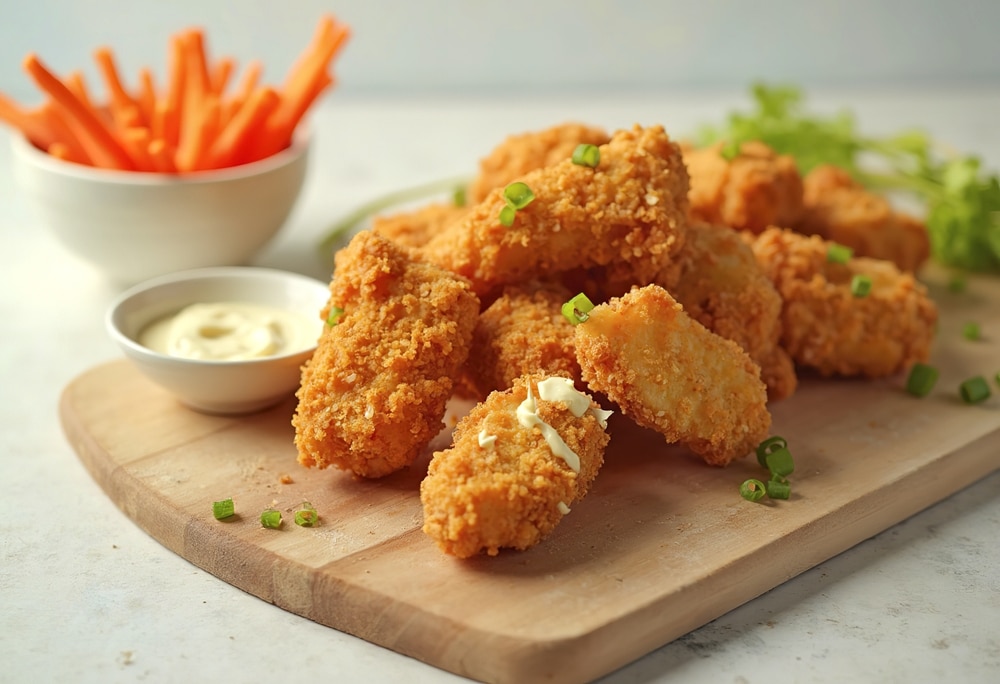 Breaded,And,Fried,Chicken,Nuggets,On,A,Wooden,Board,,With