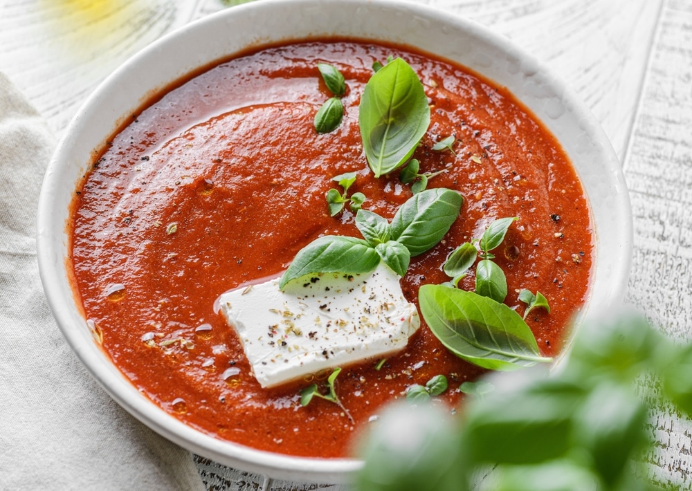 Greek,Tomato,Soup,With,Feta,And,Basil,,Oregano,And,Olive