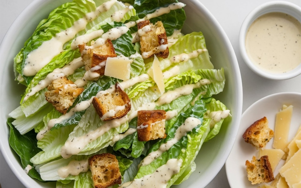 Caesar,Salad:,Crisp,Romaine,Lettuce,With,Garlicky,Dressing,,Parmesan,,Croutons,