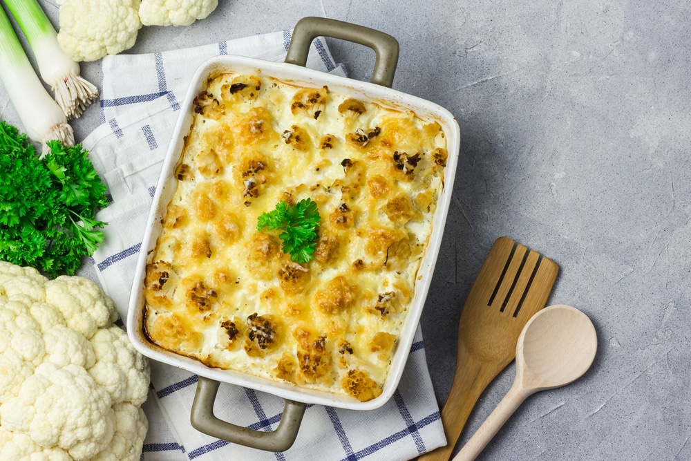 Loaded,Vegetable,Casserole,With,Broccoli,,Cauliflower,And,Leek.,Top,View,