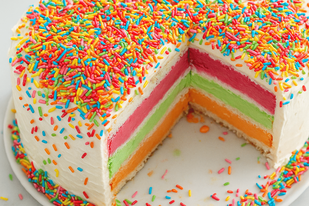 Layered Ice Cream Cake with rainbow colours