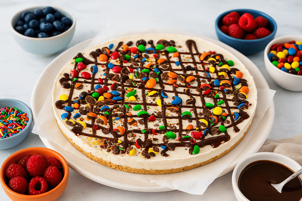 Ice Cream Pizza with spinkles and sauce and berries