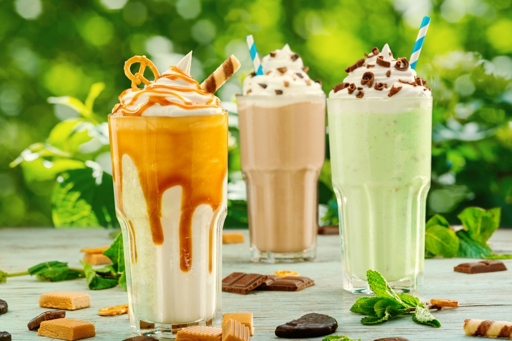 Assorted,Milkshakes,On,A,Terrace.,Beautiful,Serving,,Thick,Foam,And