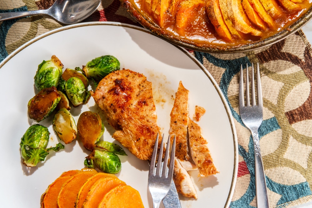 American,Grilled,Chicken,Breast,Scalloped,Creamy,Sweet,Potato,Bake,And,brussel sprout