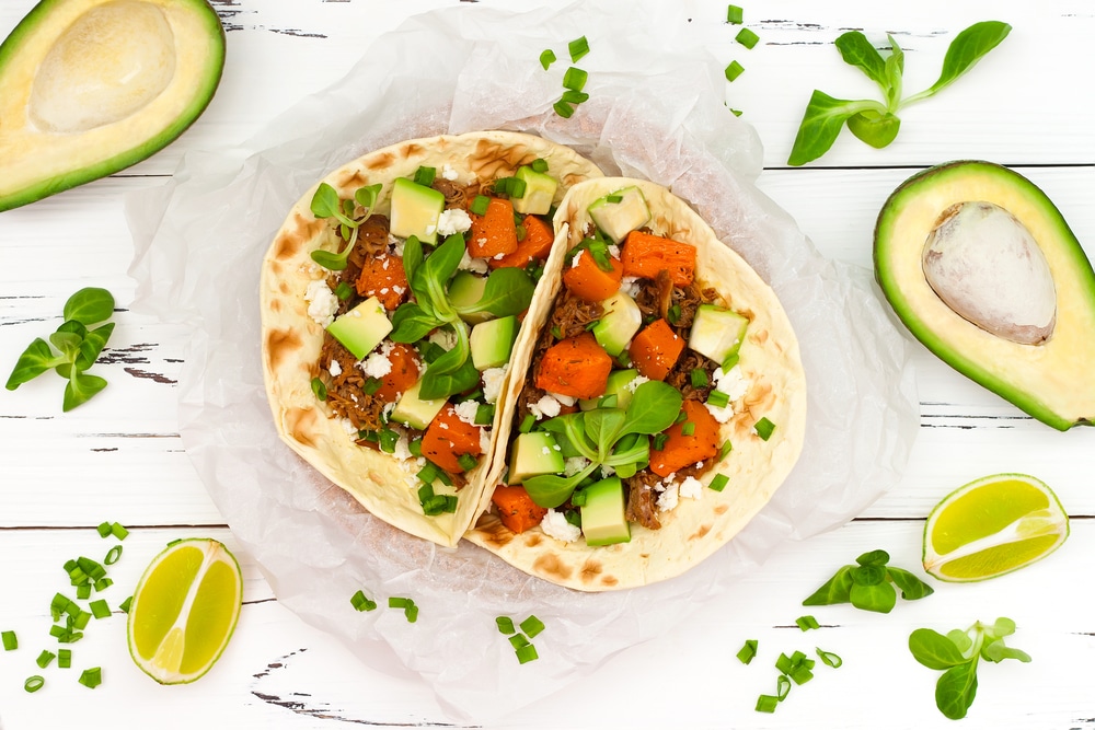 Mexican,Tacos,With,Meat,,Sweet,Potatoes,And,Cotija,Cheese