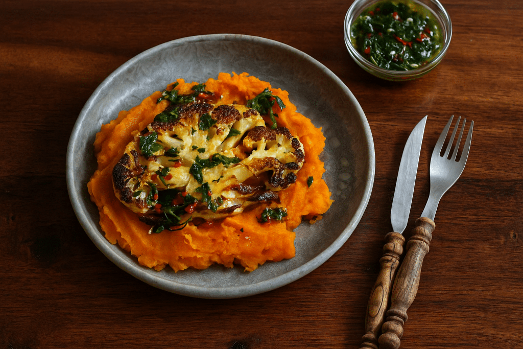 Cauliflower Steak on mashed sweet potato