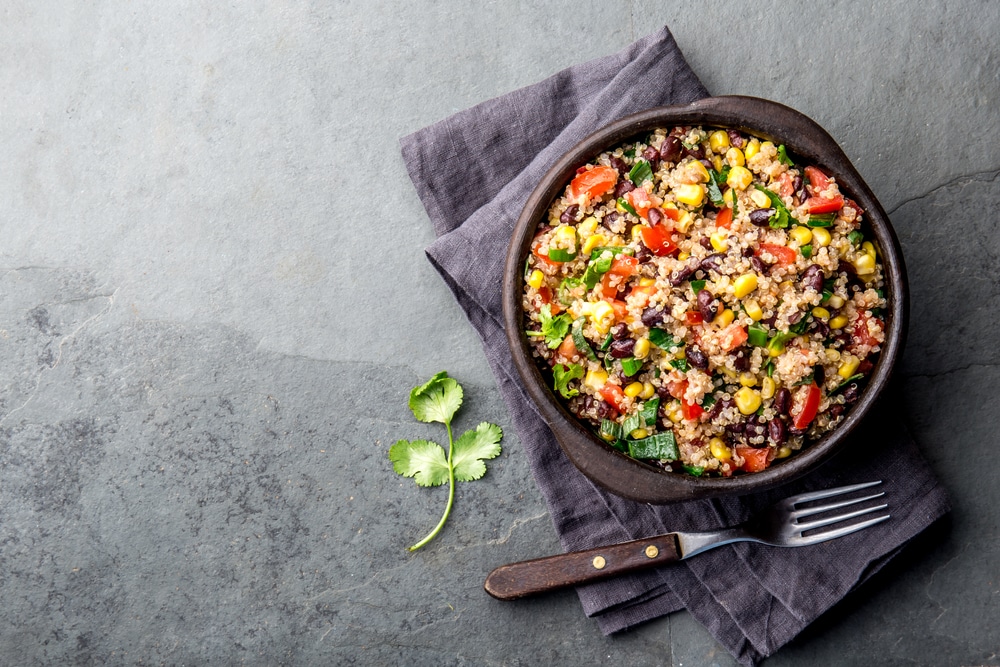 Mexican,Black,Bean,Corn,Quinoa,Salad,In,Clay,Bowl,Top