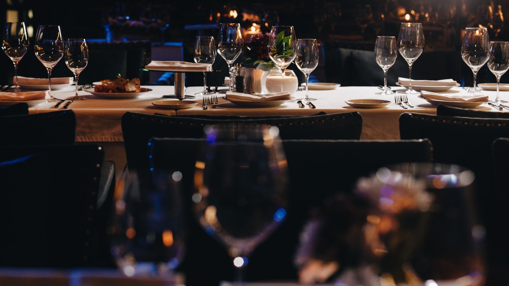 Tableware,Glasses,,Flower,Fork,,Knife,Served,For,Dinner,In,Restaurant