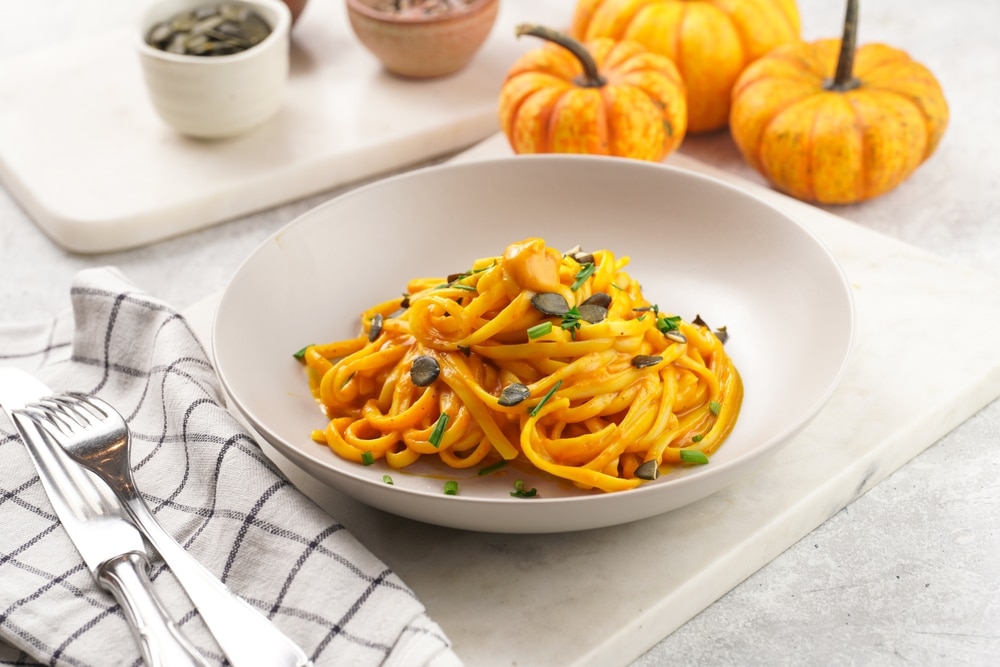 A,Light,Grey,Deep,Bowl,With,Vegan,Pasta,Spaghetti,Carbonara,Pumpkin