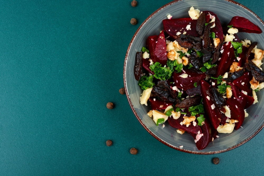 Tasty,Salad,Of,Beetroot,,Cheese,,Prunes,And,Nuts.,Copy,Space.