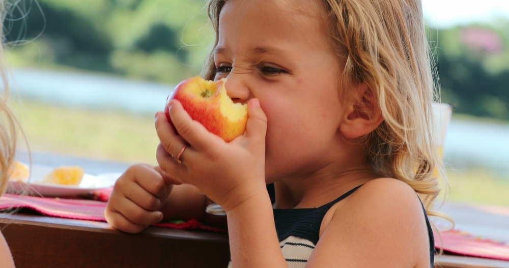 Child,Girl,Eating,Apple,Outside,Chewing