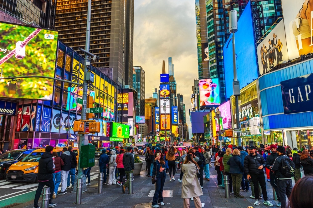 Times,Square,In,New,York,City,With,Bright,Billboards,,Including