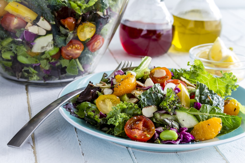 Fresh,Organic,Super,Food,Salad,Sitting,On,Blue,Plate,With