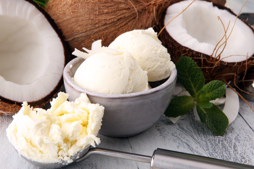 Bowl,With,Balls,Of,Coconut,Ice,Cream,And,Desiccated,Coconut