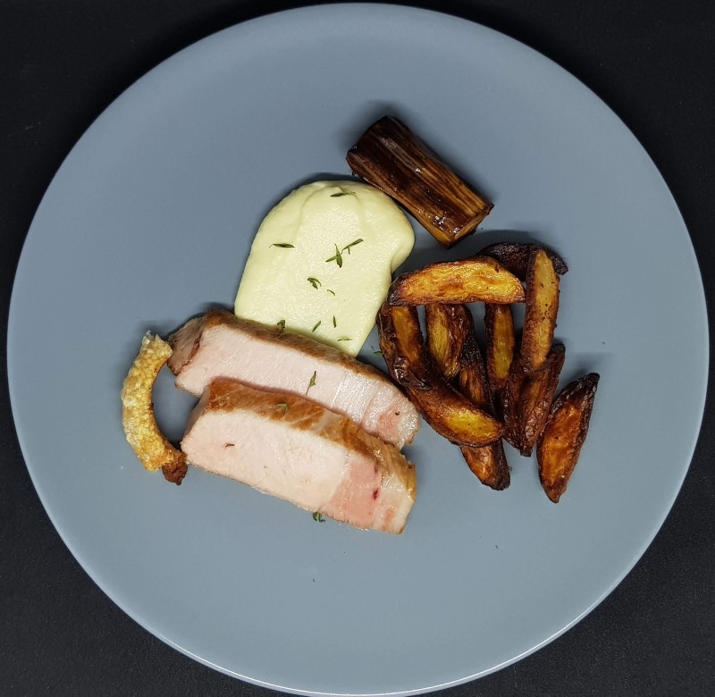 Sous vide chops with root vegetable puree and potatoes