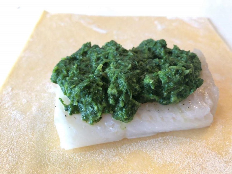 Cannelloni with spinach and halibut