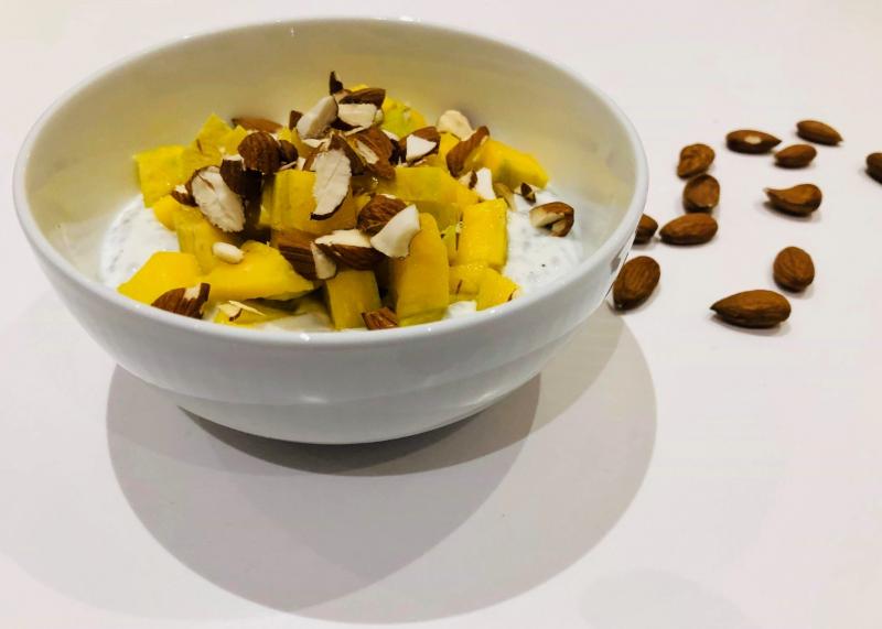 Chia pudding with mango and almonds