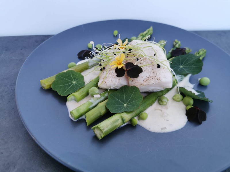 Steamed cod fillet with asparagus and cream sauce