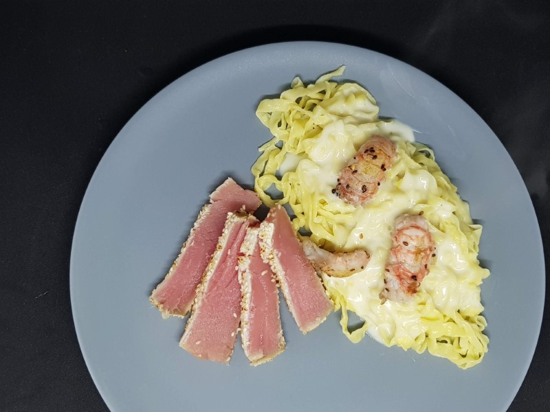 Pasta with Tuna, Langoustine Tails, and Lemon Bechamel Sauce
