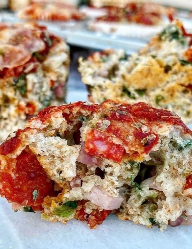 Pizza muffins with ham, pepperoni, and spinach 