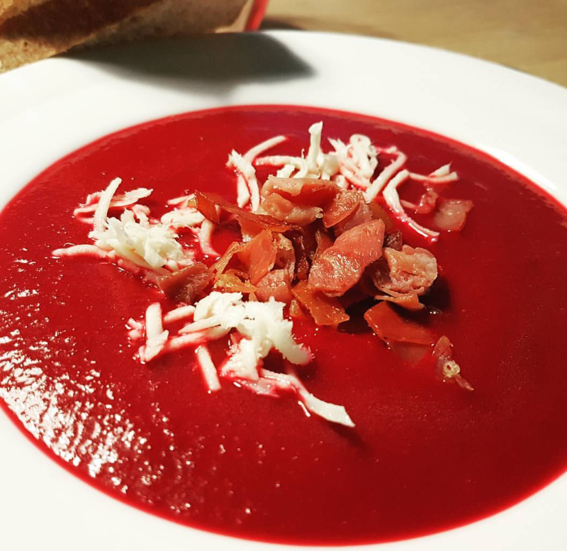 Beetroot Soup with Horseradish and Serrano Ham