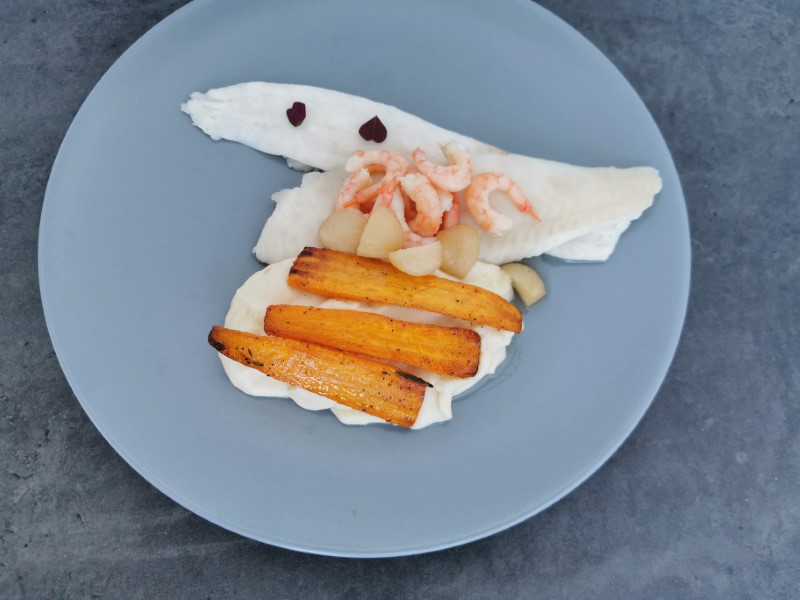 Lemon sole with root vegetables and shrimp