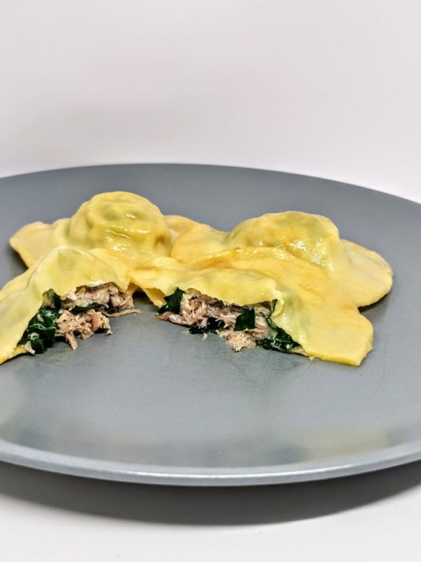 Ravioli with duck, ricotta, and spinach