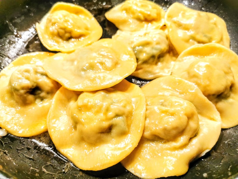 Ravioli with duck, ricotta, and spinach