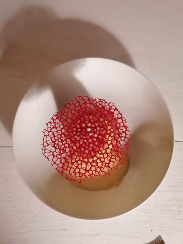 Sponge cake with rhubarb compote, crème anglaise, and coral tuile